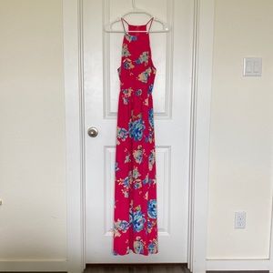 Medium bright pink Everly maxi dress with blue and yellow floral patterns.